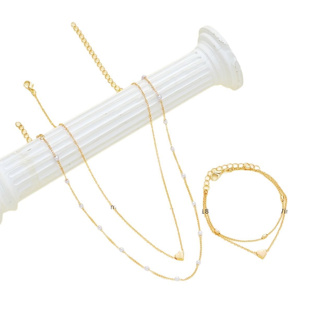 Double-layer Stacked Bag Round Beads Love Pearl Bracelet Necklace Jewelry Set